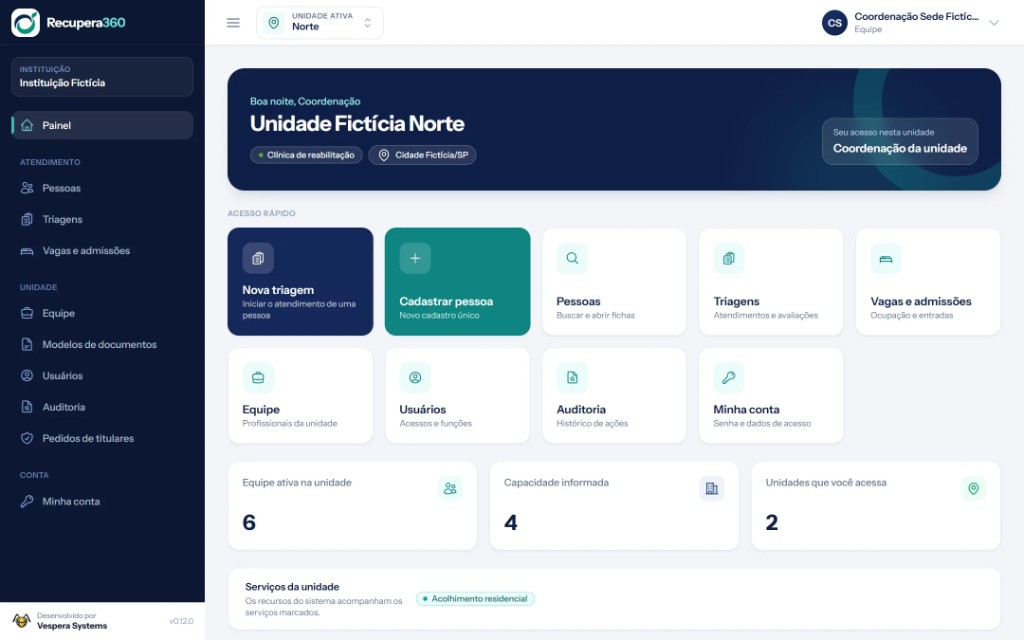 Painel do Recupera360 em tela de notebook, com acesso rápido, triagem e indicadores da unidade